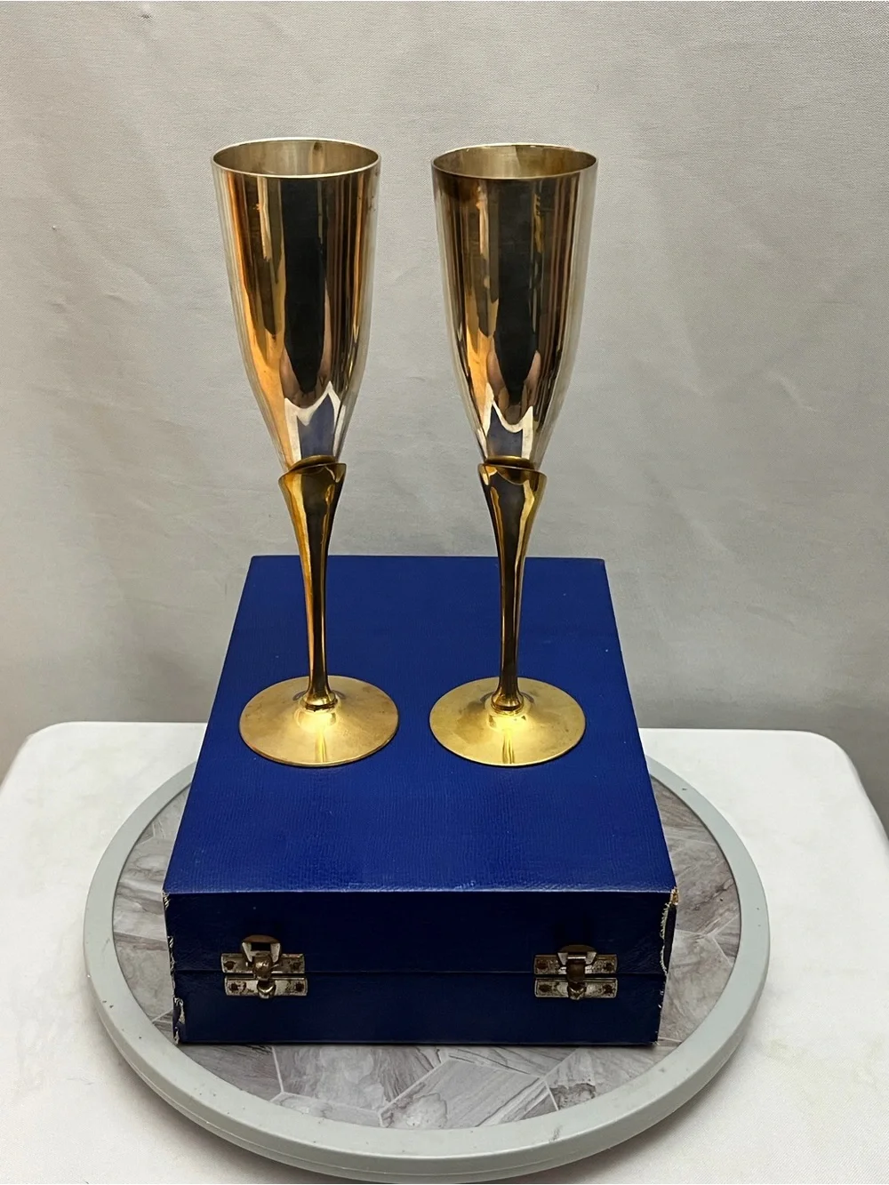 Vintage EPNS Champagne Flutes Pair Silver Gold Tone India Blue Case 10.5”